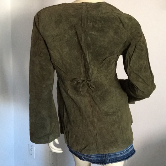 Green genuine leather suede jacket with laser cut detail size medium - Picture 6 of 8